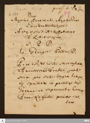 Brief von Johann Georg Pritius an August Hermann Francke.