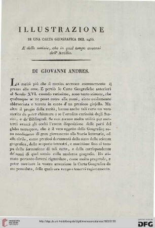 1: Illustrazione di una carta geografica del 1455 e delle notizie, che in quel tempo aveansi dell' Antillia