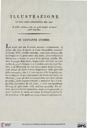 1: Illustrazione di una carta geografica del 1455 e delle notizie, che in quel tempo aveansi dell' Antillia