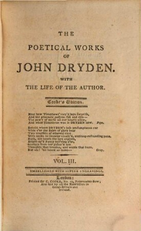 The Poetical Works of John Dryden : With The Life Of The Author ; Embellished With Superb Engravings. 3