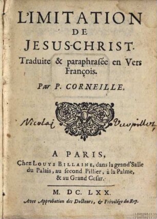 De l'imitation de Jesus Christ