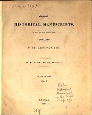 Oriental historical Manuscripts in the Tamil Language translated with Annotations, 1