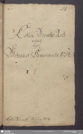 Kohlen-Vorraths-Rechnung beym Wehrauer Hamerwercke 1754