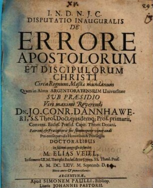 Disp. inaug. de errore apostolorum et discipulorum Christi circa regnum Messiae mundanum