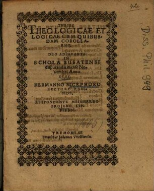 Theses Theologicae Et Logicae Cum Quibusdam Corollariis