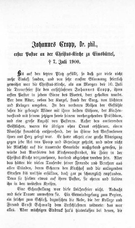 Johannes Cropp, Dr. phil., erster Pastor an der Christus-Kirche zu Eimsbüttel, † 7. Juli 1900.