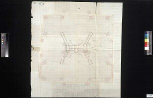 Grundriss eines quadratischen Schlossneubaues mit Nebengebäuden (Variante)