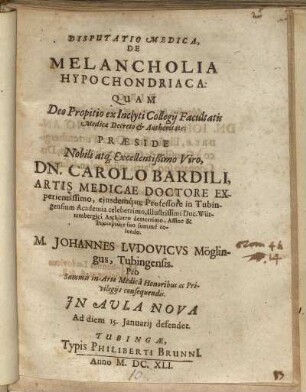 Disputatio Medica, De Melancholia Hypochondriaca