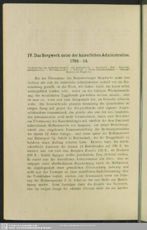 IV. Das Bergwerk unter der kaiserlichen Administration : 1704-14