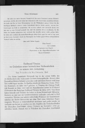 Ferdinand Tönnies im Gedenken seiner heimatlichen Verbundenheit zu seinem 100. Geburtstag