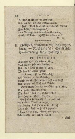 II. Mäßigkeit, Enthaltsamkeit, Selbstbeherrschung, - Nachhaltigkeit, Sinnlichkeit, Verschwendung, Geiz, Habsucht ic