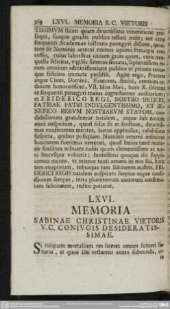 LXVI. Memoria Sabinae Christinae Vietoris V. C. coniugis desideratissimae