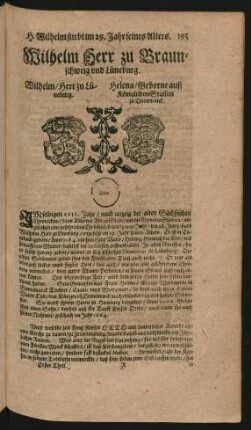 Wappen. Wilhelm/ Herr zu Lüneburg. und Helena/ Geborne auß Königlichen Stamen zu Dennemarck.
