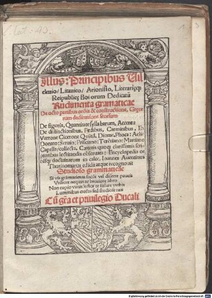 Illus: Principibus Uilelmio, Litauico, Arionisto, Literiari[a]eq[ue] Reipublic[a]e Boiorum Dedicatu[m] Rudimenta gramaticae : De octo partibus or[ati]o[n]is & constructione, Gr[a]ecorum declinatione seorsum De figuris, Quantitate syllabarum, Accentu De distinctionibus, Pedibus, Carminibus