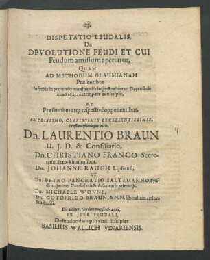Disputatio Feudalis, De Devolutione Feudi Et Cui Feudum amissum aperiatur ...