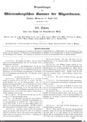 163. Sitzung, Stuttgart, 16.8.1852