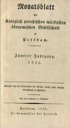 5.1826: Monatsblatt der Königlich preußischen märkischen ökonomischen Gesellschaft zu Potsdam