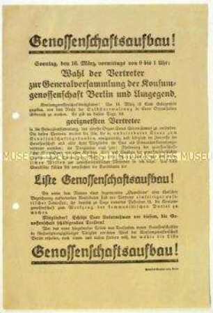 Aufruf zur Wahl der Generalversammlung der Konsumgenossenschaft Berlin und Umgegend am 16. März 1924