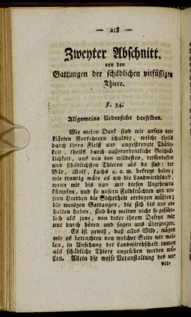Zweyter Abschnitt. Von den Gattungen der schädlichen vierfüssigen Thiere.