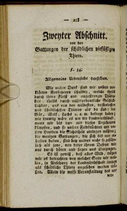 Zweyter Abschnitt. Von den Gattungen der schädlichen vierfüssigen Thiere.