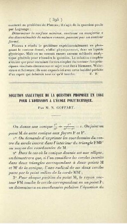 Solution analytique de la question proposée en 1884 pour l'admission a l'École Polytechnique.