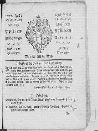 19tes Stück, Ausgabe vom 6. May 1772