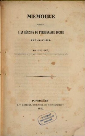 Mémoire relatif à la révision de l'ordonnance locale du 7 Juin 1828