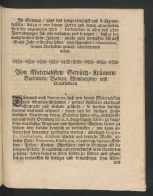 Von Materialisten/ Gewürtz-Krämern/ Barbierern/ Badern/ Wundartzten/ und Quacksalbern.