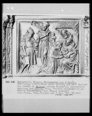 Chorgestühl, untere Sitzreihe, Detail: Anbetung der Könige