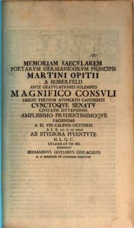 Memoriam saecularem poetarum Germanicorum principis, Martini Opitii a Boberfeld ... celebratum iri significat Beniaminus Gotlibius Gerlachius