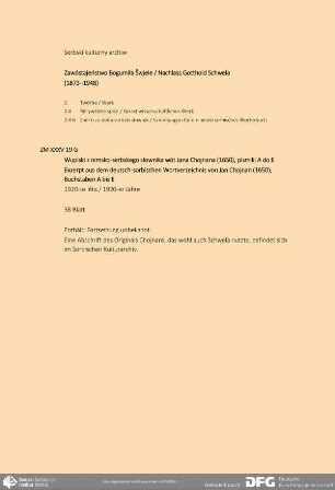 Exzerpt aus dem deutsch-sorbischen Wortverzeichnis von Jan Chojnan (1650)