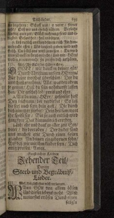 Geistlicher Lieder Zehender Theil/ Darinn Sterb- und Begräbniß-Lieder.
