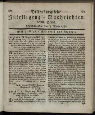XVIII. Stück. Sonnabends : den 4. May, 1782.