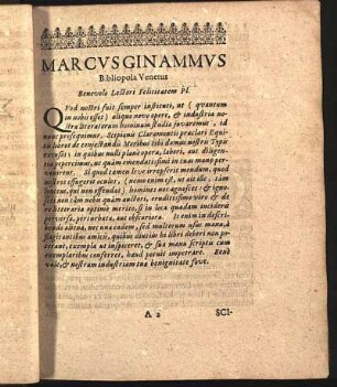 Marcvs Ginammvs Bibliopola Venetus Benevolo Lectori Felicitatem Pl.
