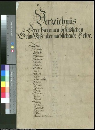 Verzeichnüs derer hierinnen befindlichen Grundriße über nachstehende Orthe