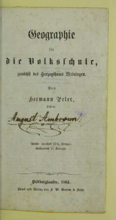 Geographie für die Volksschule : zunächst des Herzogthums Meiningen