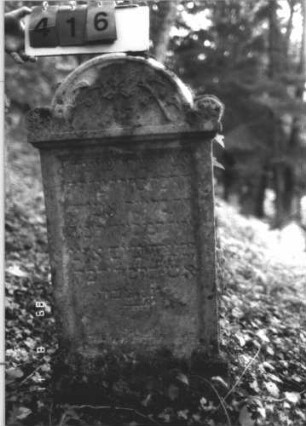 Grabstein 416 (Index: 99800294) Material: Sandstein Zustand: stark verwittert Maße HxBxT: 108x56x12 cm Beschreibung: Stele, Abdeckplatte, Rundbogenaufsatz, in Voluten auslaufend, Schriftfeld eingetieft, Sockel Symbolik: zwei Blumen, Blüten: Grabstein 416