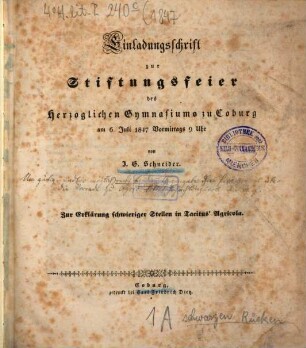 Einladungsschrift zur Stiftungsfeier des Herzoglichen Gymnasiums zu Coburg. 1847