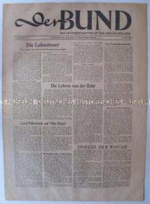 Wochenzeitung der Gewerkschaften für die Britische Besatzungszone "Der Bund" u.a. über Lohnsteuern und zum Bundeskongress der Gewerkschaften in Bielefeld