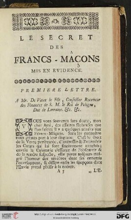 Le secret des Francs-Mâçons mis en evidence. Premiere lettre