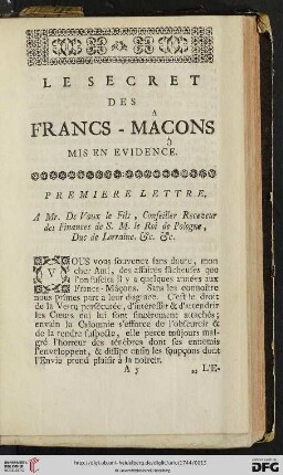 Le secret des Francs-Mâçons mis en evidence. Premiere lettre
