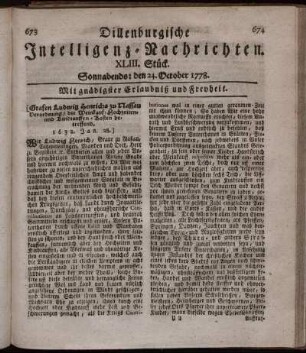 XLIII. Stück. Sonnabends: den 24. October 1778.