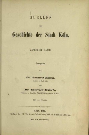 Quellen zur Geschichte der Stadt Köln / Band 2