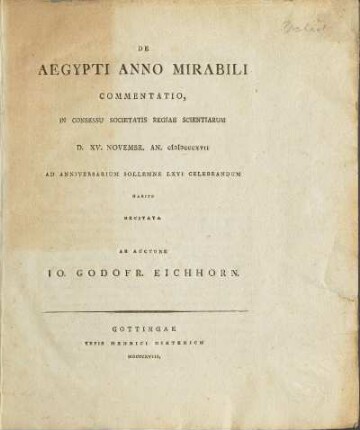 De Aegypti Anno Mirabili Commentatio In Consessu Societatis Regiae Scientiarum D. XV. Novembr. AN. MDCCCXVII Ad Anniversarium Sollemne LXVI Celebrandum Habito