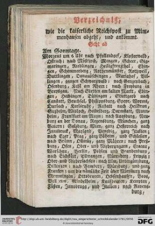 Verzeichnis, wie die kaiserliche Reichspost zu Mimmenhausen abgeht, und ankoemmt