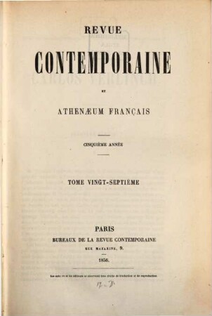 Revue contemporaine. 27 = A. 5. 1856
