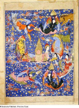 Buraq, von Engeln umgeben, mit Flammennimbus auf dem Rücken, fol. 22b, (Seite 58)