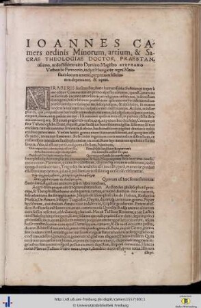 Ioannes Camers ordinis Minorum, artium, & Sacrae Theologiae Doctor … Domino Magistro Stephano Verbeucio Pannonio … felicitatem deprecatur, et optat.