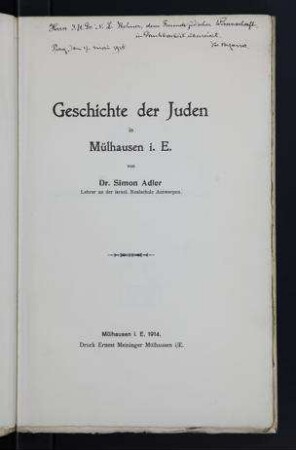 Geschichte der Juden in Mülhausen i. E / von Simon Adler