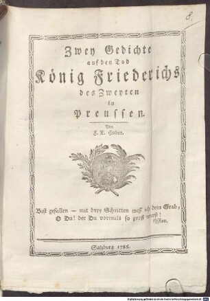 Zwey Gedichte auf den Tod König Friederichs des Zweyten in Preussen